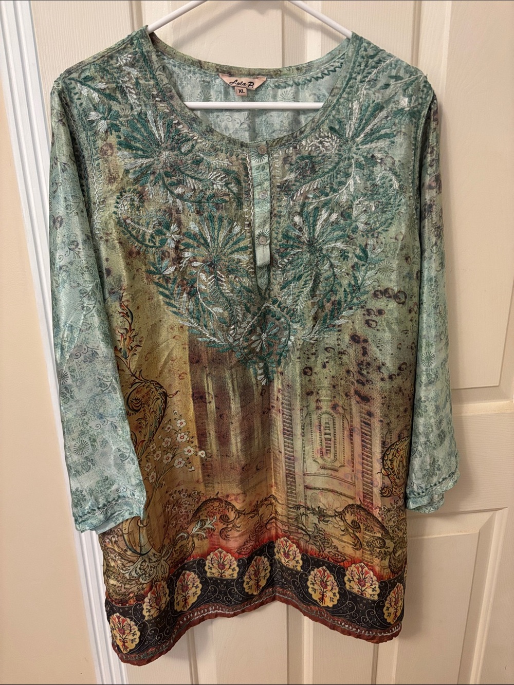 lola Botanical Embroidered Tunic Top in Teal and Olive